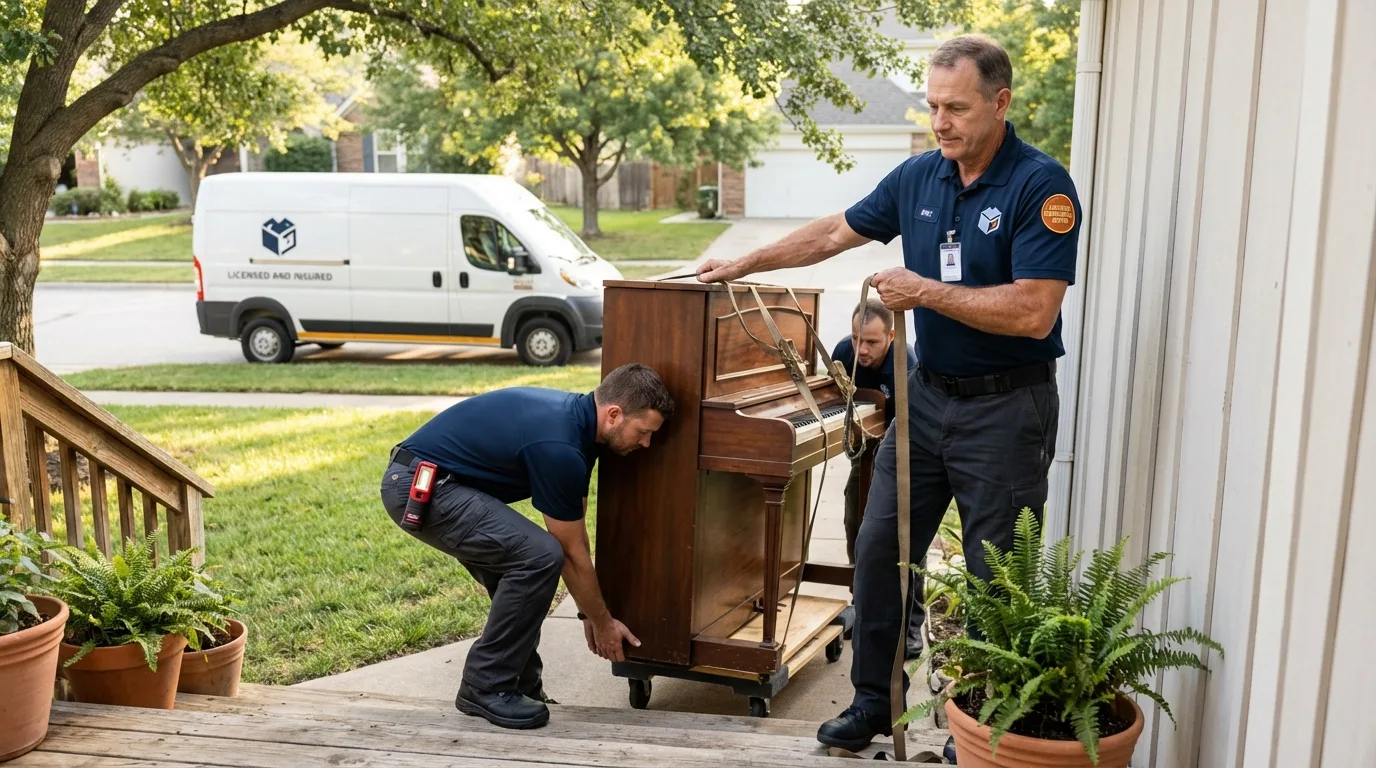Licensed piano movers securing grand piano in Highwood, IL