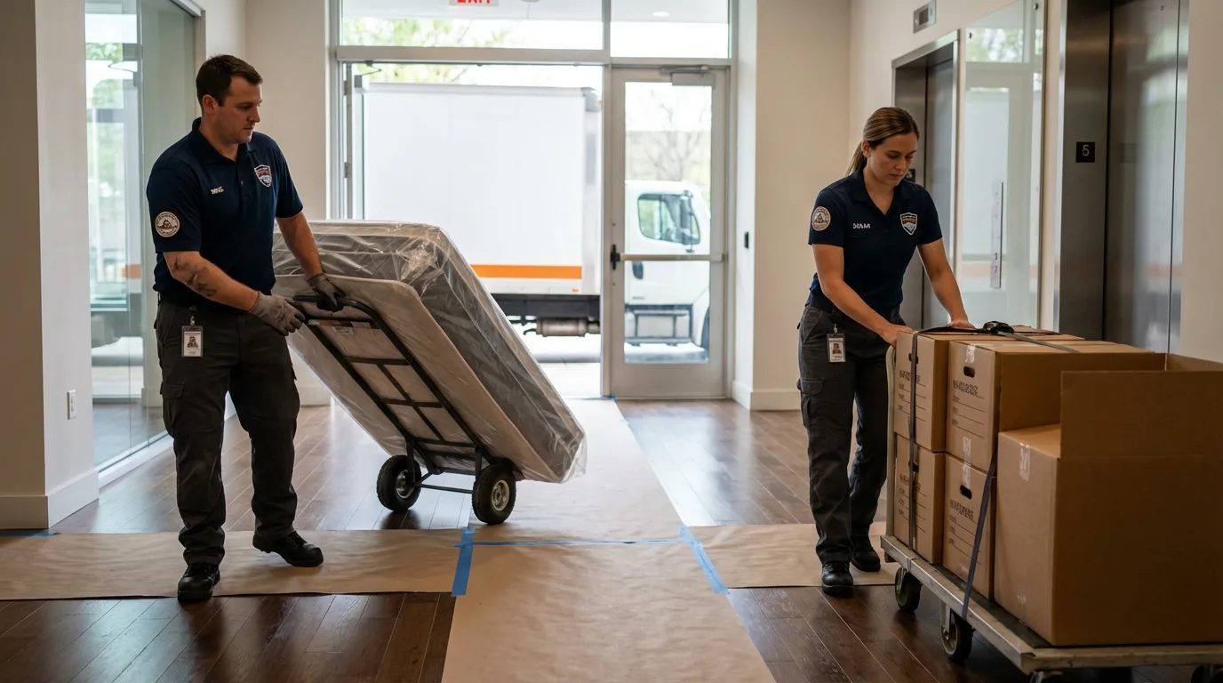 Professional apartment movers loading elevator in Highwood, IL