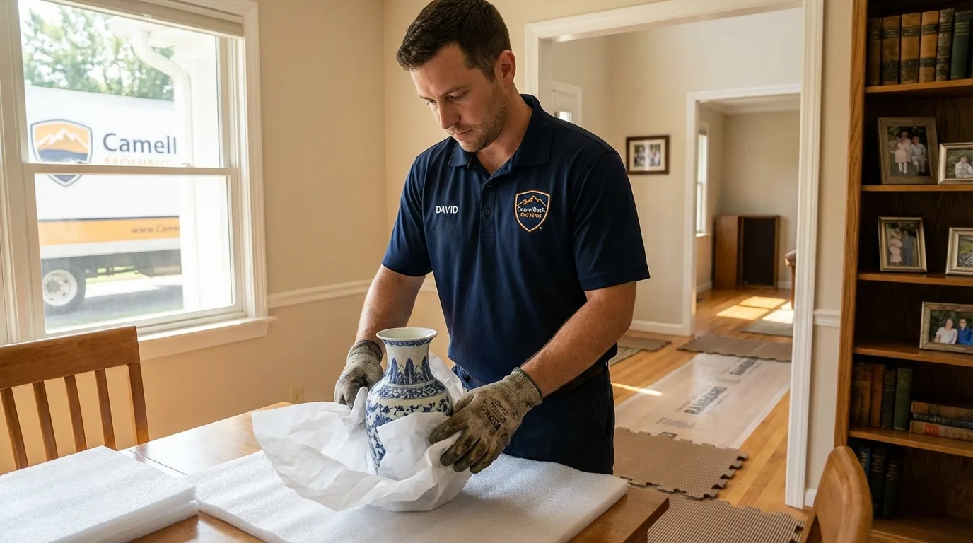 Professional crew carefully wrapping antique vase for senior downsizing move in Highwood, IL